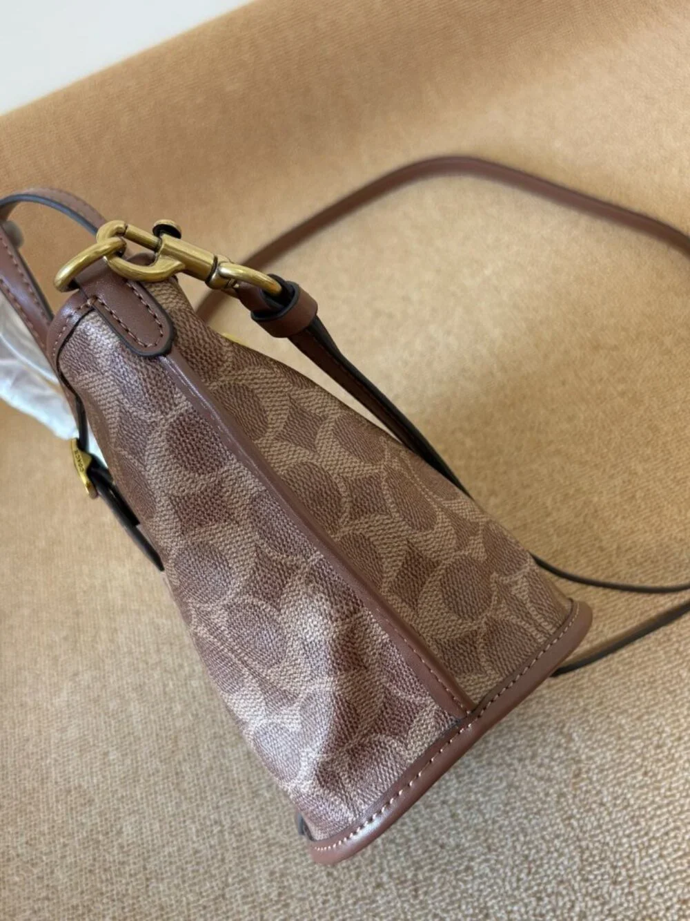 🤎Coach Khaki Signature Mini Tote Adjustable Handle Detachable Crossbody Bag